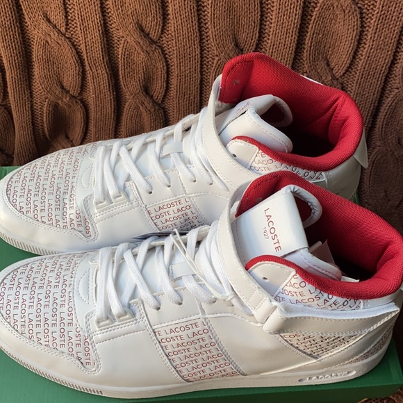 NWT Men’s Lacoste sneakers.With box.White with red letters Size13 - Picture 2 of 7